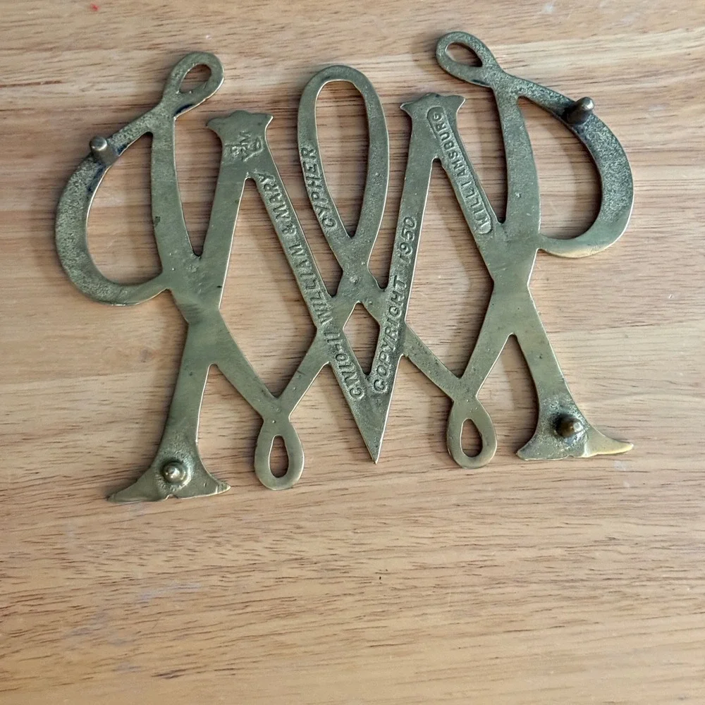Vintage Colonial Williamsburg Brass Trivet William & Mary Cypher 1950 CW10-11